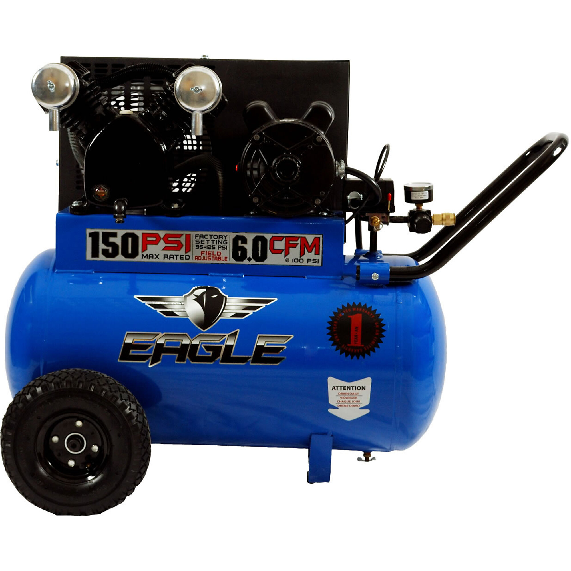 EAGLE, 20 Gallon Horizontal Air Compressor, Horsepower 3 HP, Air Tank Size 20 Gal, Volts 110 or 220 Volt, Model# P3120H1